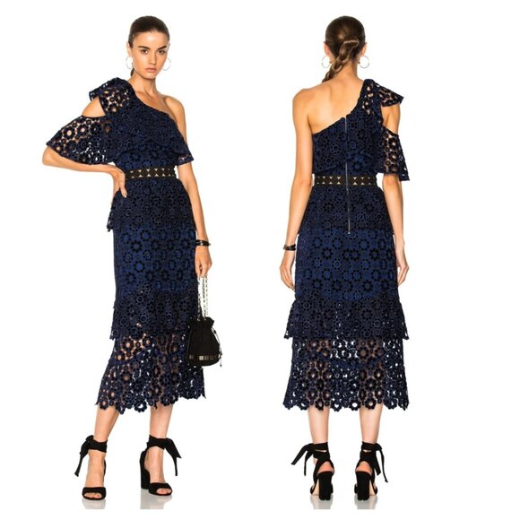 Self-Portrait Size 2 Blue Black Lace One-Shoulder Dress - Picture 1 of 16